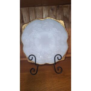 Vintage Milk Glass Paneled Grape Bowl - Scalloped Gold Rim 1950s Decor